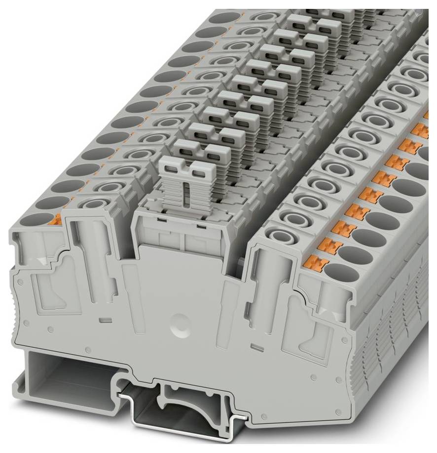 Un grand bloc de borne industriel gris avec plusieurs connecteurs pour le câblage électrique, doté de leviers de libération orange pour un accès facile.