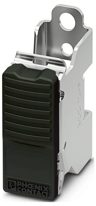 Latch with the text 'Phoenix Contact' on the lower part, featuring a ribbed black grip and silver metal bracket with two holes.