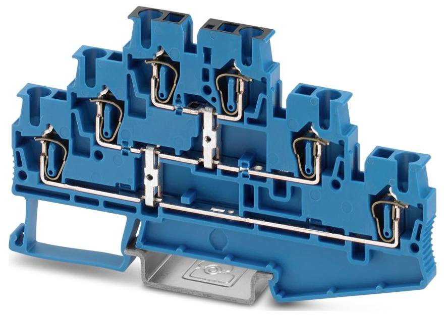 Blue plastic and metal electrical terminal block with multiple connection points, designed for secure wiring in electrical panels.