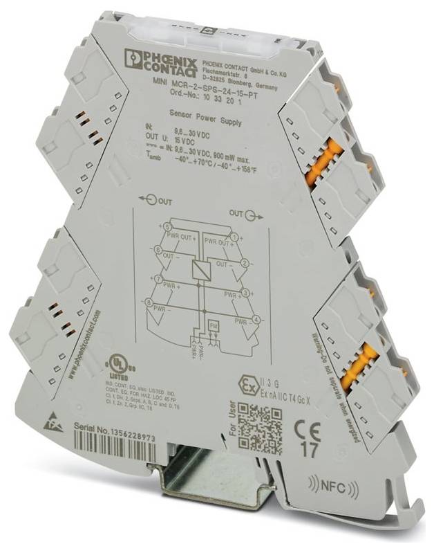 Alimentation de capteur Phoenix Contact avec spécifications, modèle MINI MCR-2-PS-24-24-12-PT, pour utilisation en automatisation industrielle.