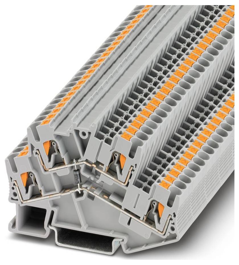 Un socle de relais noir et gris avec des pinces de bornes orange, utilisé pour connecter les relais électriques de manière sécurisée.