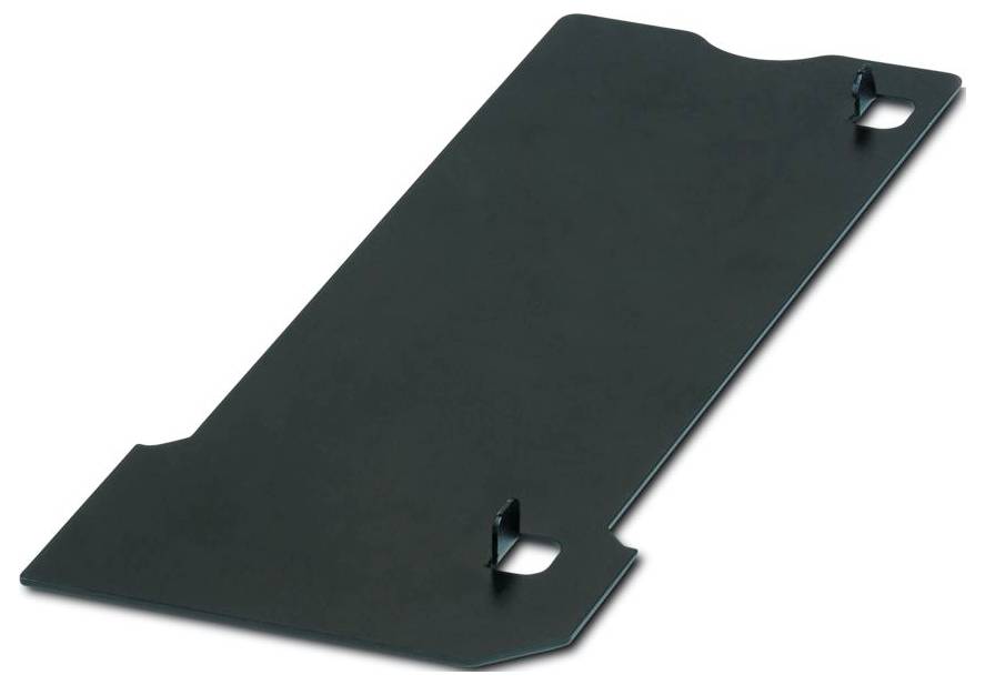 A flat, rectangular, black metal plate with two small hooks and two square cutouts on opposite corners, against a white background.