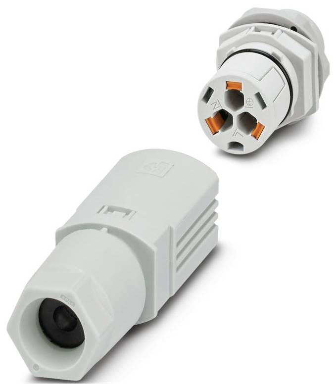 Deux connecteurs électriques gris avec plusieurs broches, montrant les extrémités mâle et femelle, utilisés pour les connexions de câbles ou d'appareils.