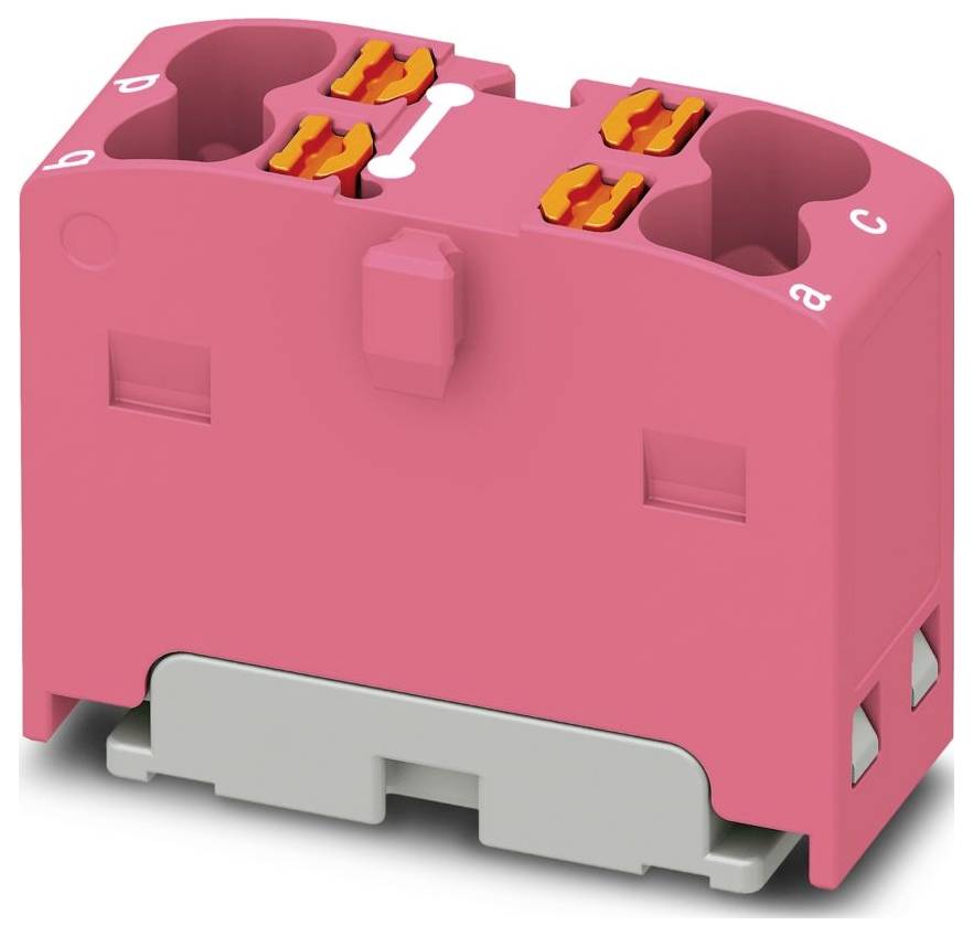 Un bloc de connecteur électrique rose avec des ports étiquetés pour le câblage, montré sur fond blanc.