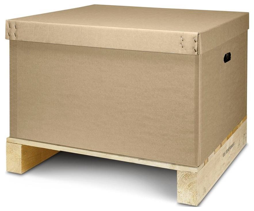 Une grande boîte en carton robuste avec un couvercle repose sur une palette en bois, convenant au stockage ou à l'expédition.