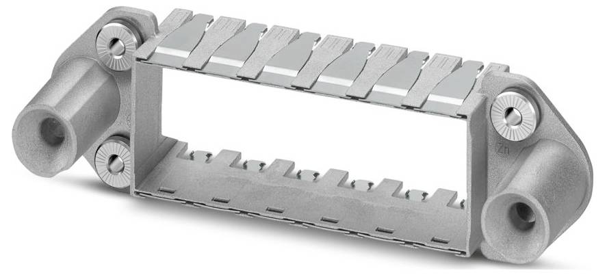 Un support de câble rectangulaire métallique avec plusieurs pinces et des trous de montage aux deux extrémités, utilisé pour organiser et soutenir les câbles.