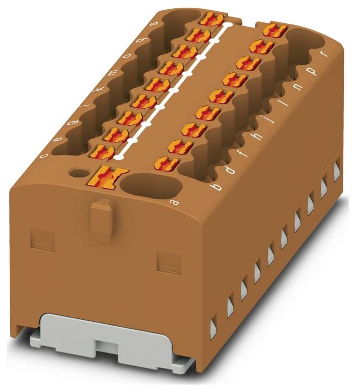 A brown electronic connector block with multiple numbered orange clips for wire insertion, designed for organizing electrical connections.
