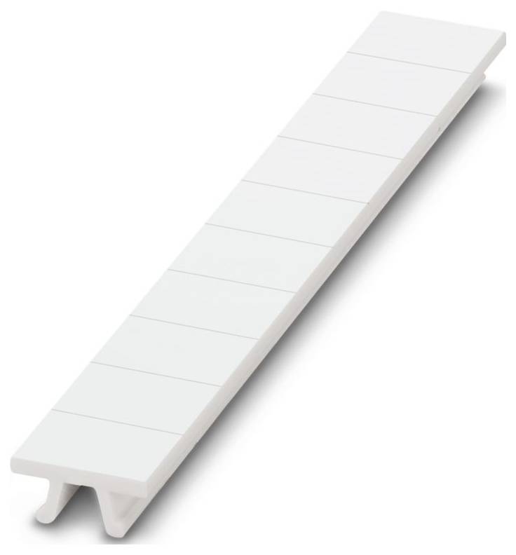Un porte-étiquette blanc en plastique rectangulaire avec des lignes régulièrement espacées pour l'étiquetage, conçu pour organiser ou identifier les articles.