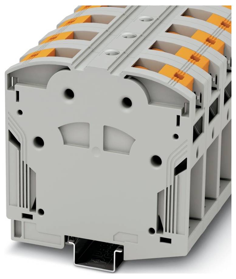 A grey electrical connector with multiple wiring slots and orange levers, designed for secure wire connections in circuits.