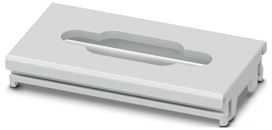 A white plastic holder designed for organizing or storing items, featuring a top cutout for easy gripping and a rectangular shape.