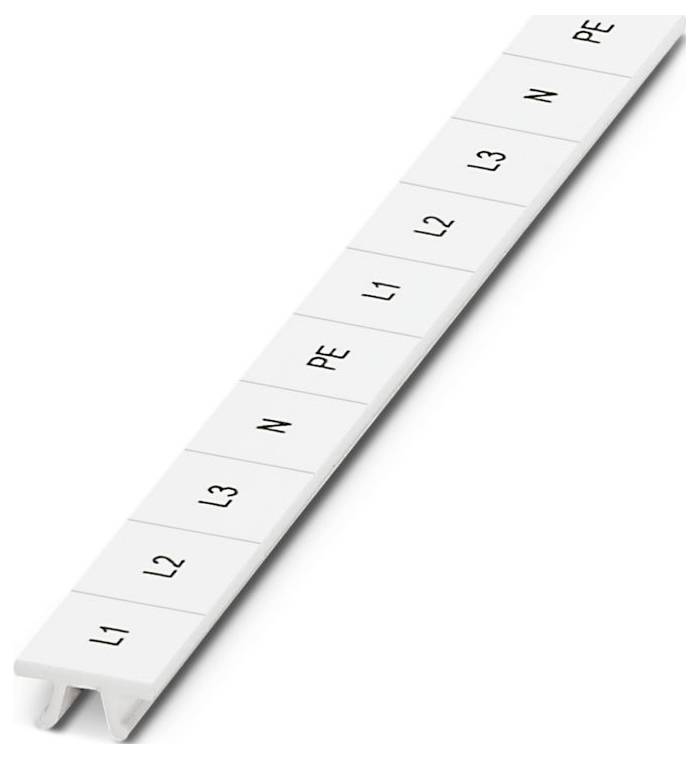 White plastic terminal block marker strip labeled 'L1', 'L2', 'L3', 'N', and 'PE' for electrical circuit identification.