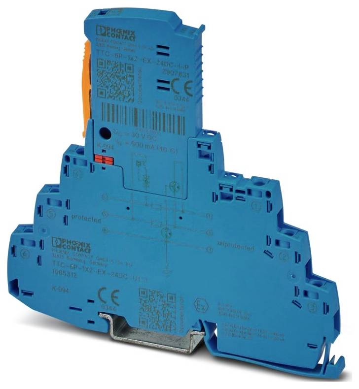 A blue din-rail mountable electronic module with multiple connection ports and printed labels, designed for industrial automation use.