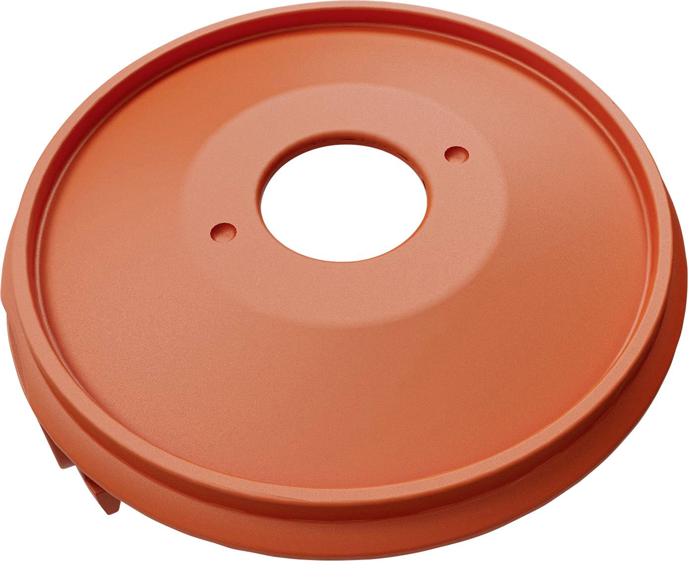 « Couvercle circulaire orange avec un trou central et deux petits trous à côté. »