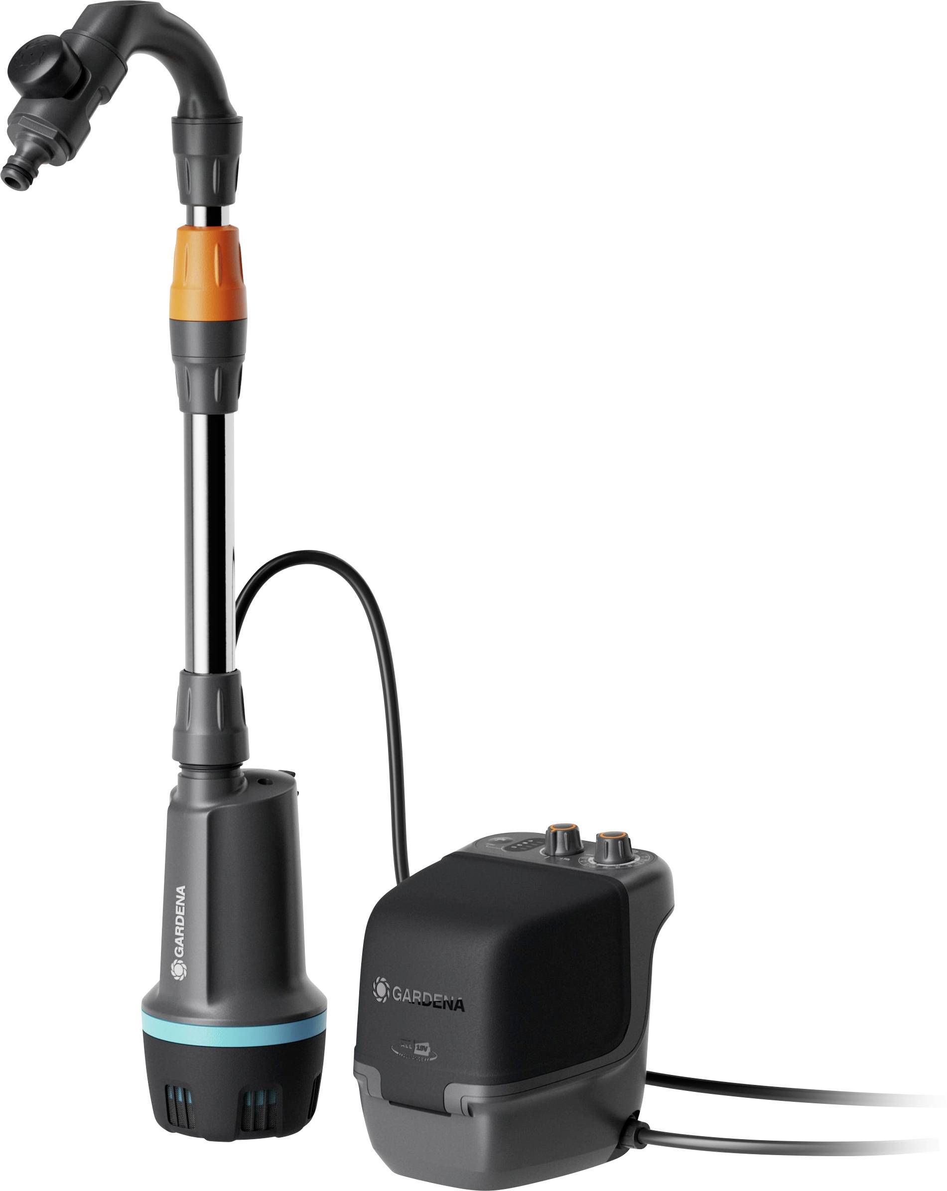 Pompe de citerne de récupération d'eau de pluie GARDENA avec buse réglable et unité de contrôle, conçue pour l'irrigation de jardin facile. Portable et conviviale.