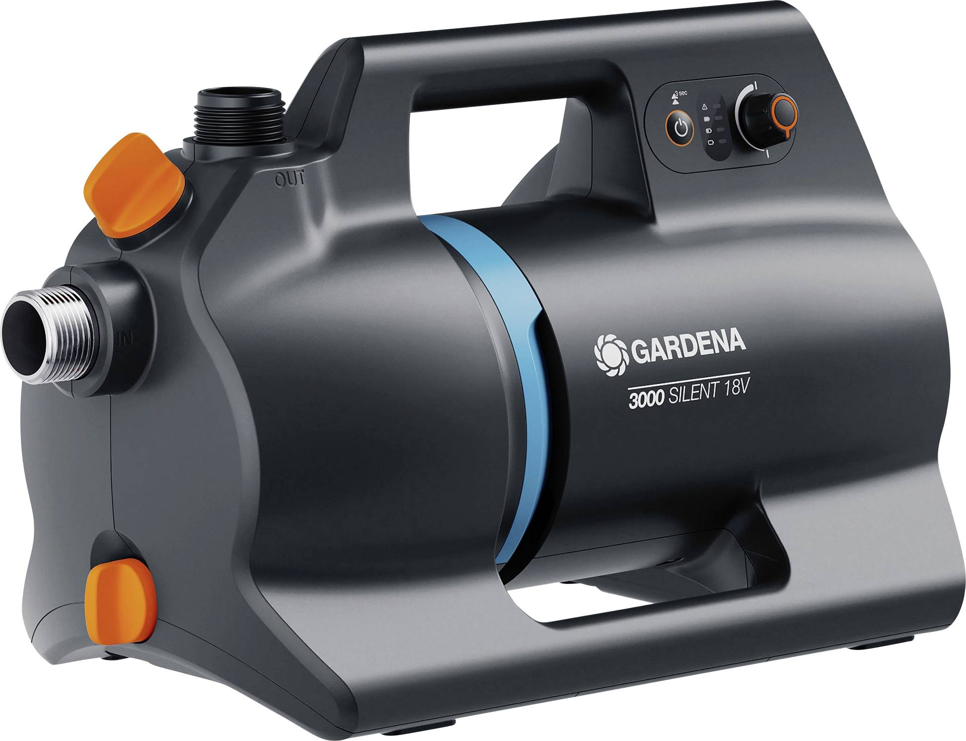 Pompe à eau GARDENA 3000 Silent 18V avec des accents orange et bleu, dotée d'un panneau de commande en haut pour les réglages de fonctionnement.