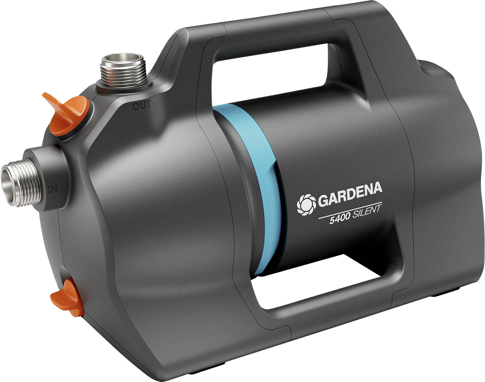 Pompe d'irrigation avec boîtier robuste et poignée intégrée. Nom de marque 'Gardena 5400 Silent' sur le côté.