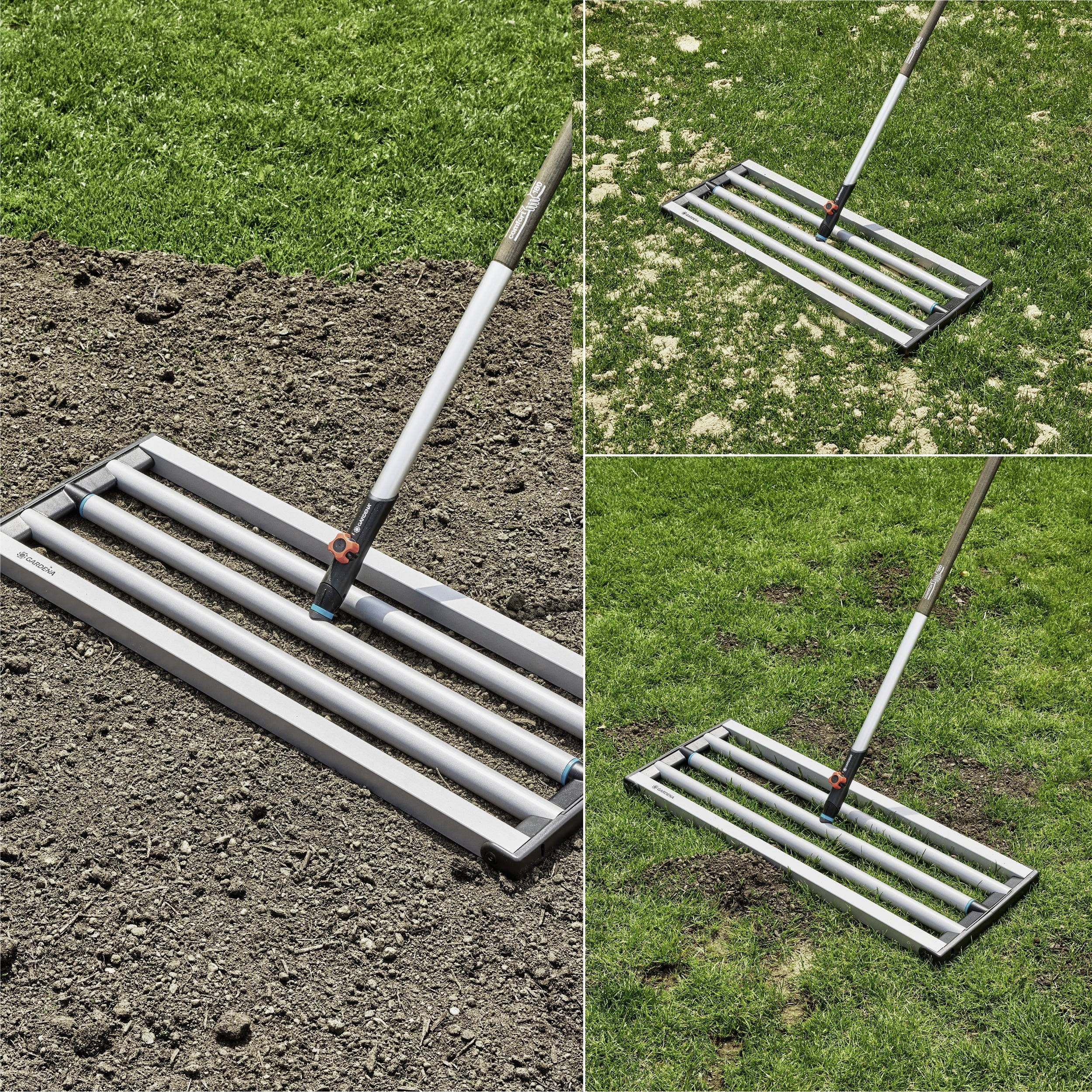 Un outil de nivellement de pelouse est montré en train de lisser un sol et une herbe inégaux dans un jardin, illustrant son utilisation sur différentes sections : sol nu, herbe et zones parsemées.