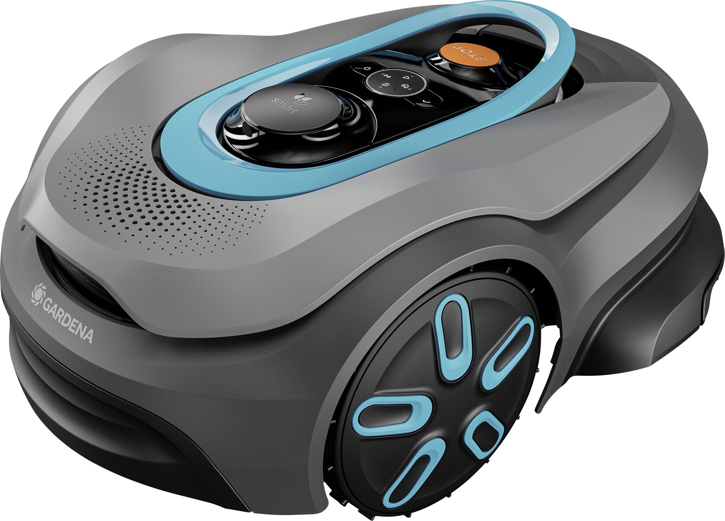 Une tondeuse robotisée au design élégant gris et turquoise, mettant en valeur ses roues et son panneau de commande.