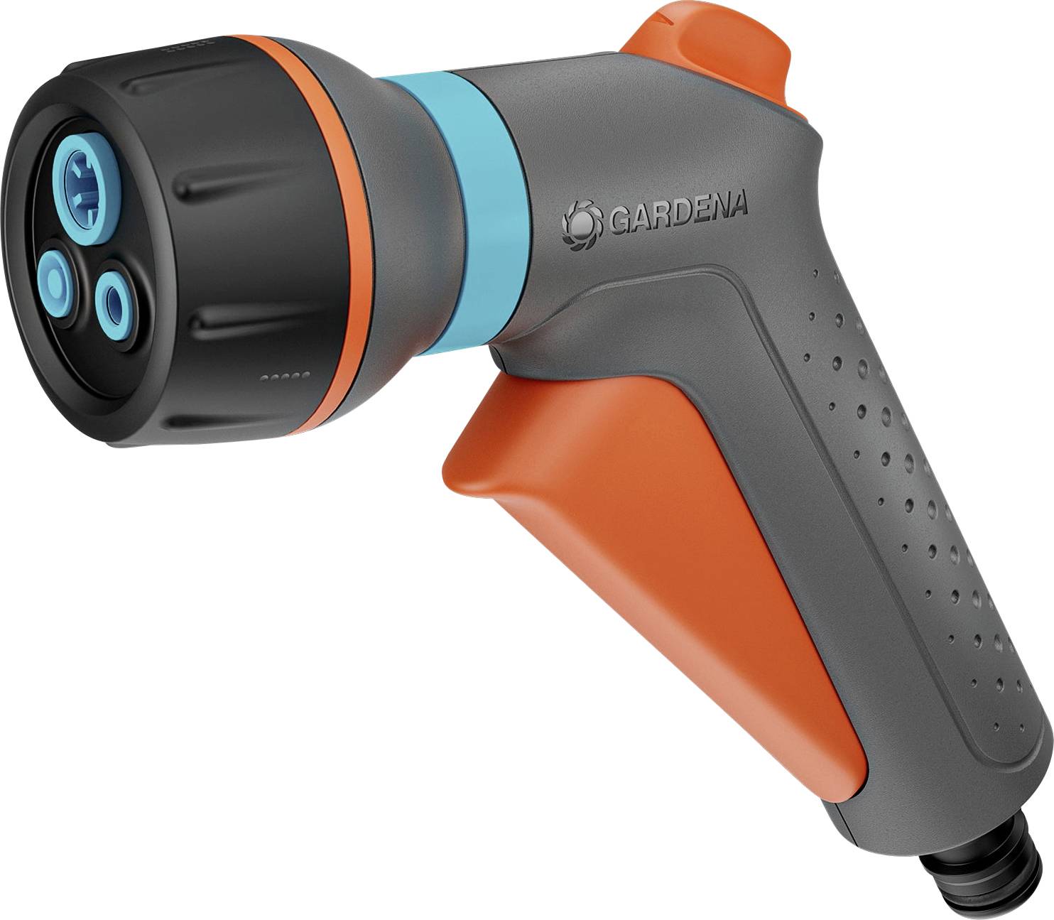 Un embout de tuyau d'arrosage portable avec un design orange et gris, doté de plusieurs réglages de pulvérisation, conçu pour un arrosage de jardin efficace.