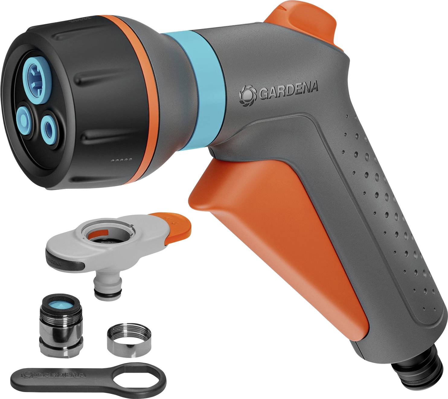 Buse de tuyau d'arrosage et accessoires, avec des touches orange et bleu, proposant des réglages ajustables pour différents besoins d'arrosage.