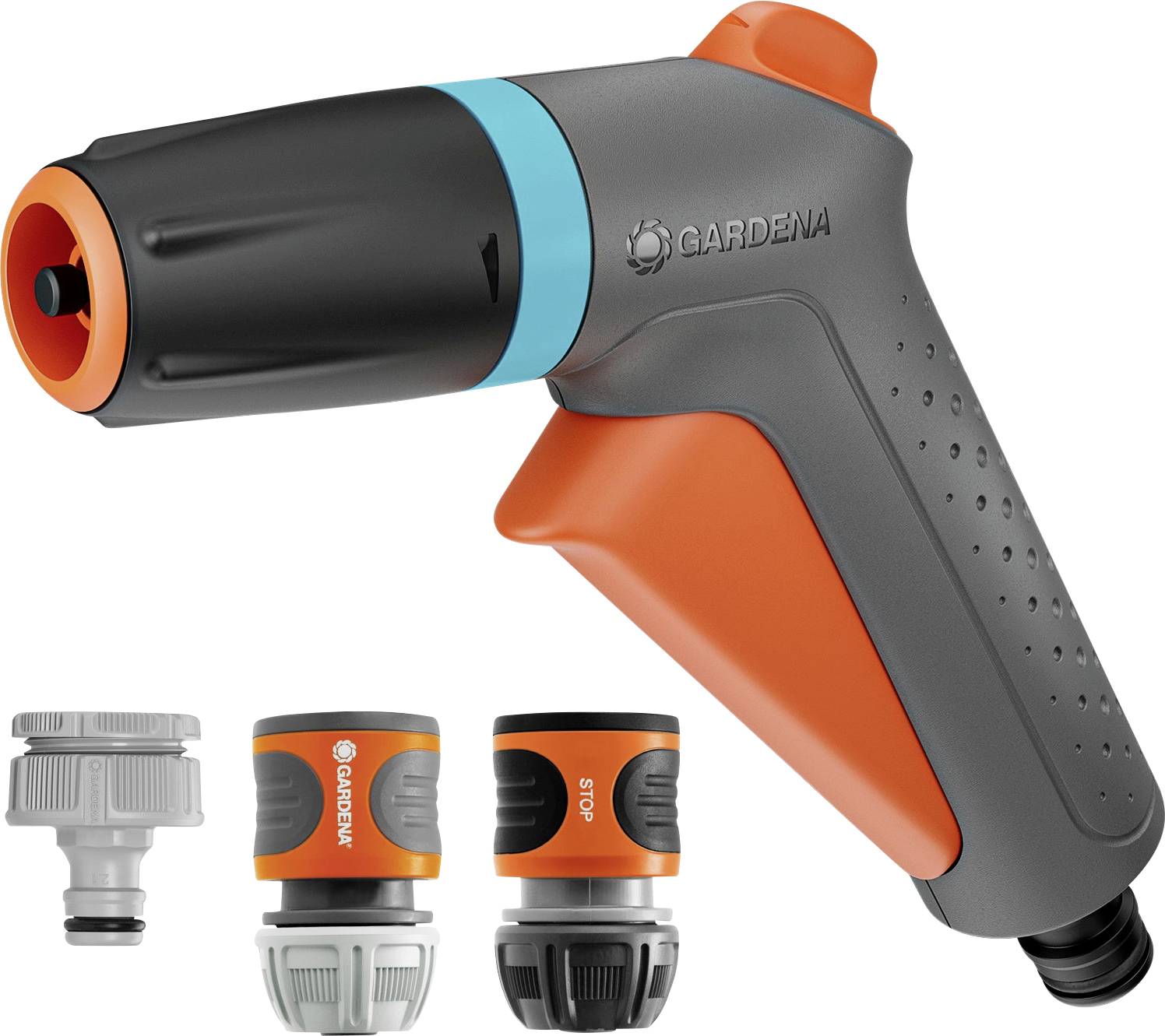 Ensemble de buses de tuyau d'arrosage Gardena présentant une buse de pulvérisation ergonomique grise et orange avec trois connecteurs interchangeables pour diverses tâches d'arrosage.