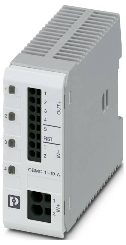 Un dispositif électrique gris étiqueté « CBMC 1-10 A » avec plusieurs ports d'entrée et de sortie, utilisé pour le contrôle ou la protection de circuits.