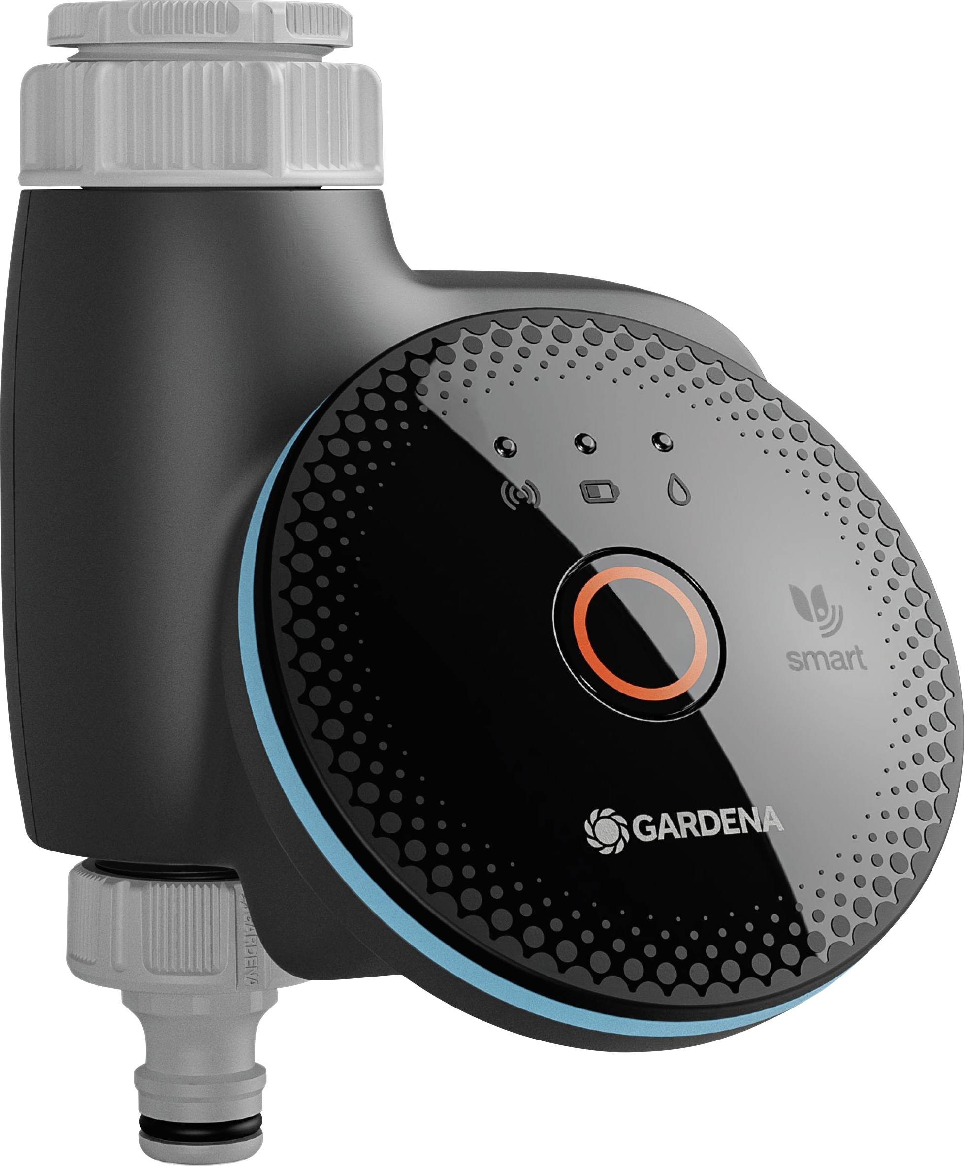 Un minuteur d'eau numérique au design élégant noir avec le logo 'Gardena'. Il dispose d'un indicateur LED et se connecte à un tuyau d'arrosage pour une irrigation intelligente.