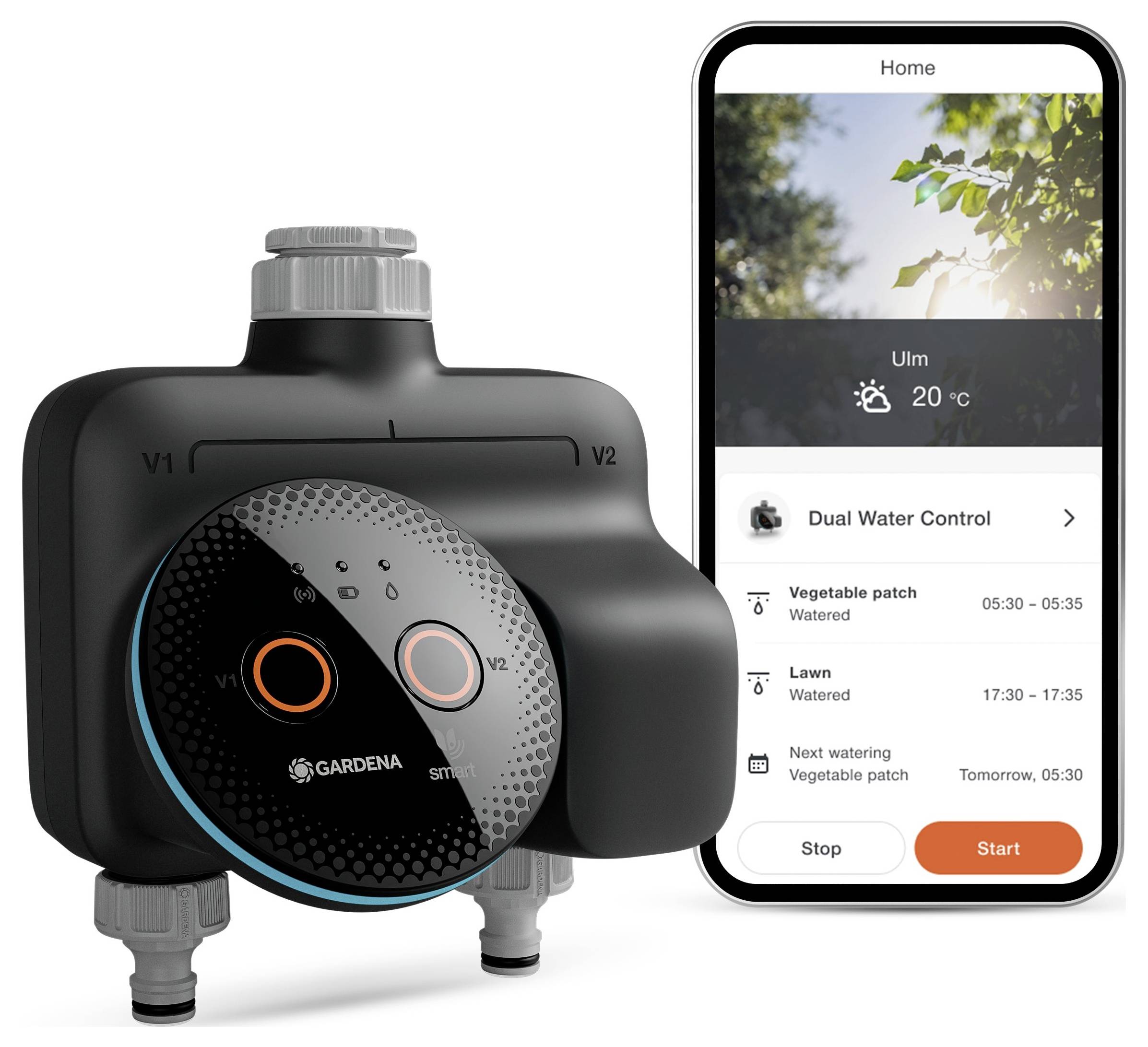 « Contrôleur de système d'irrigation à double sortie » aux côtés d'un « smartphone affichant l'interface d'une application pour la surveillance et la programmation de l'arrosage des plantes ».