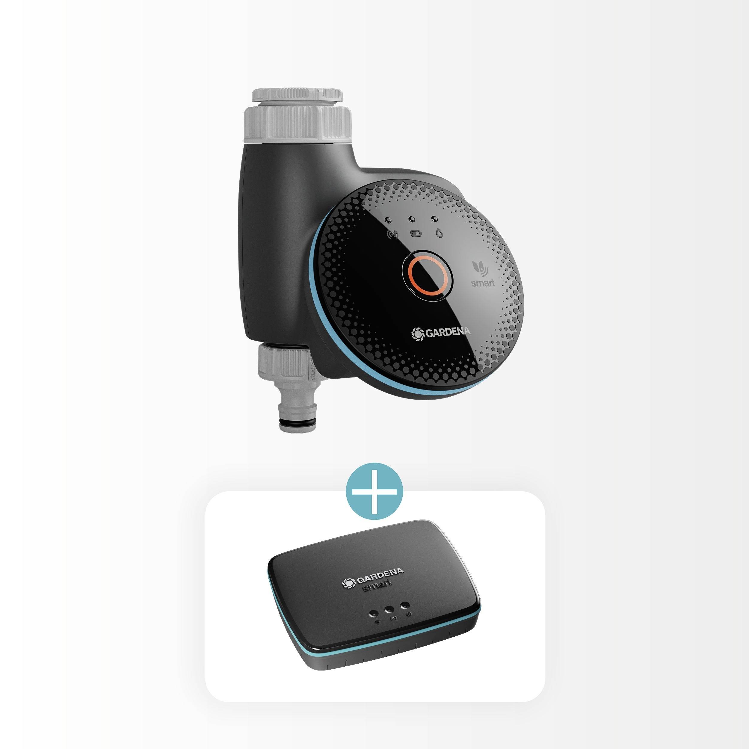 Système de contrôle d'eau intelligent Gardena montrant une vanne d'eau noire avec des boutons de commande et un signe plus se connectant à un dispositif de passerelle sans fil.