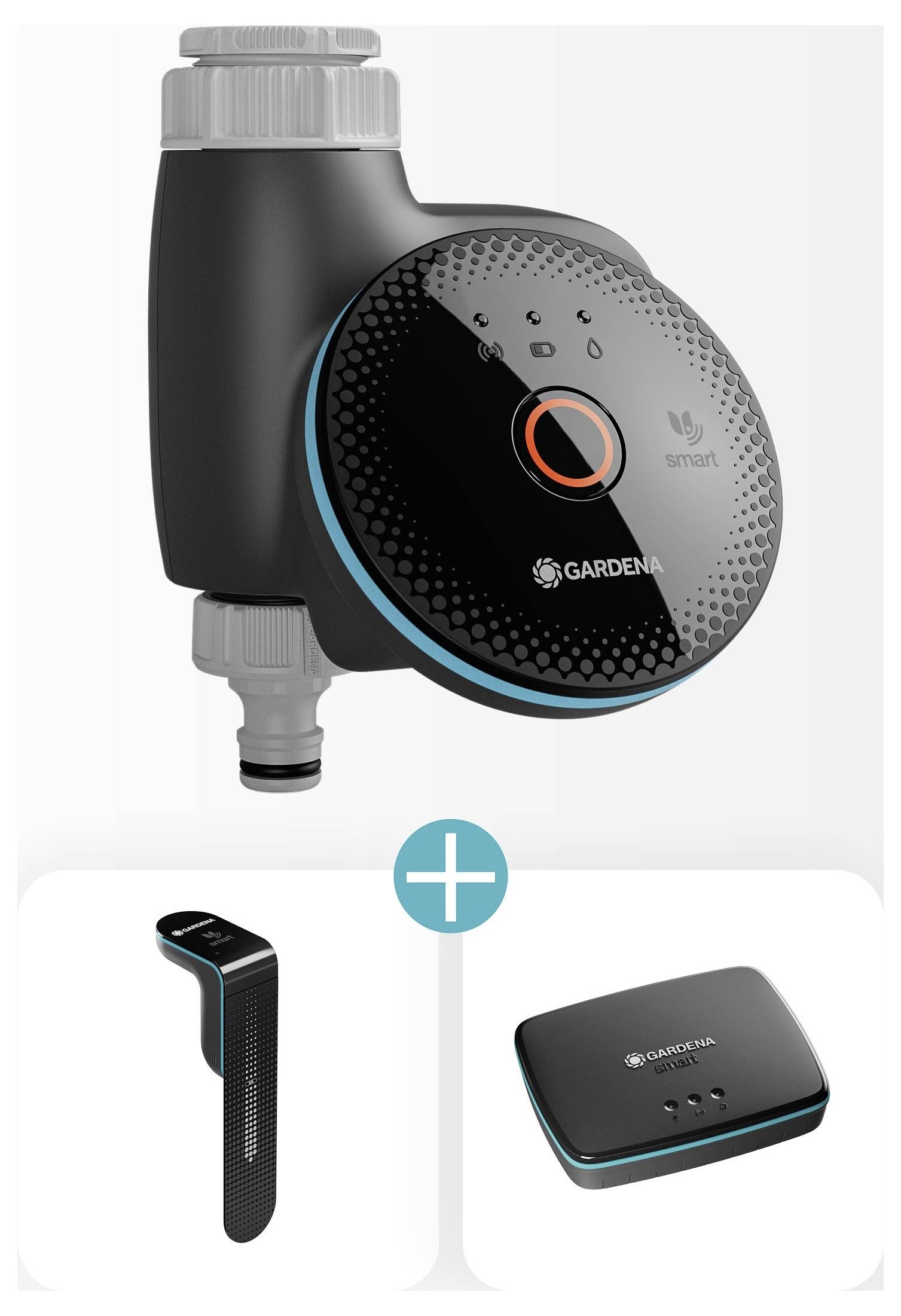 Système de Contrôle d'Irrigation Intelligent montrant un programmateur d'eau, un capteur d'humidité et un hub pour la gestion sans fil du jardin.