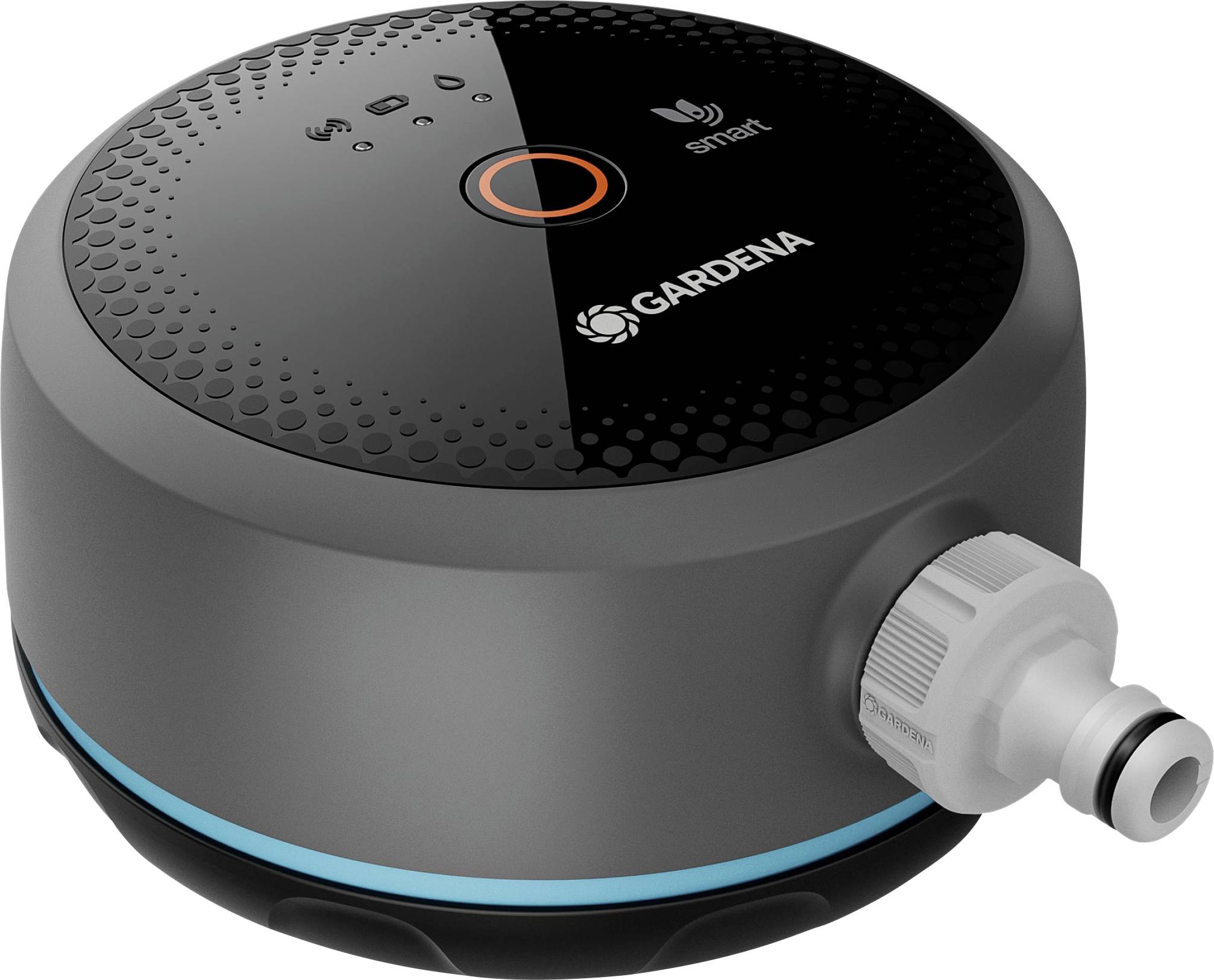 Dispositif de contrôle d'irrigation intelligent Gardena avec design minimaliste, doté d'icônes de connectivité et d'une entrée d'eau pour l'arrosage automatique du jardin.
