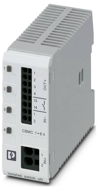 Dispositif de commutation isolée « CBMC 1-8A » avec ports d'entrée-sortie étiquetés, affichant des indicateurs numériques pour l'état de la connexion, conçu pour les systèmes électriques.