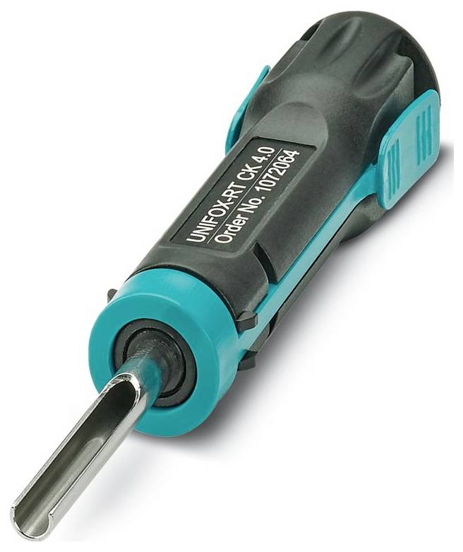 A screwdriver handle with a metal blade and teal accents is labeled 'UNIFIX-RT CK 4.0 Order No. 0721604'.