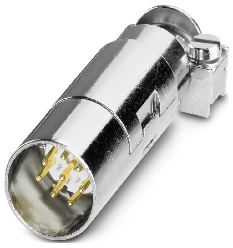 A close-up of a shiny metal electrical connector with gold pins, showcasing its cylindrical shape and mechanical parts.