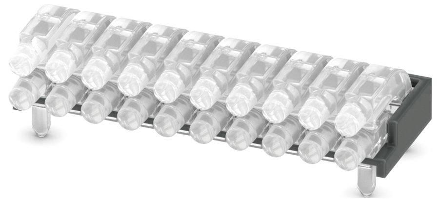 A row of transparent vials securely placed in a black plastic holder, designed for organizing or storing small liquid samples.