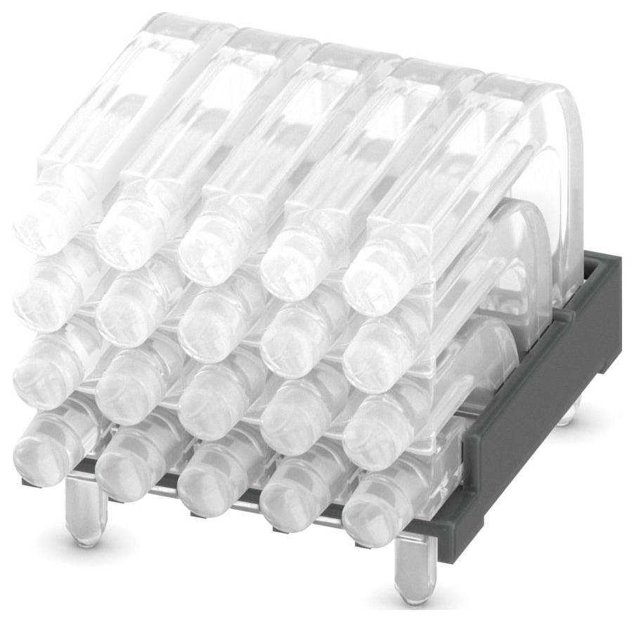 A rack holds several transparent test tubes arranged in a staggered, organized pattern, angled upward on a laboratory table.