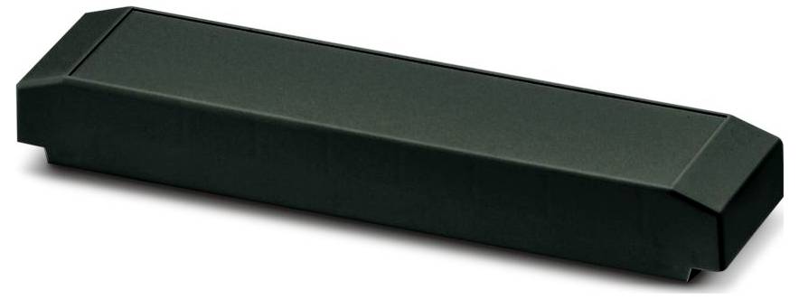A long, rectangular, black box with a slightly textured surface, viewed from a slight angle, possibly used for packaging or storage.
