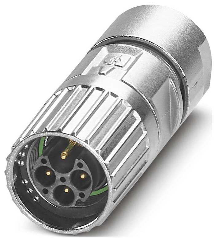 Metal electrical connector with four circular sockets and a locking mechanism. Used for secure electronic or audio connections.