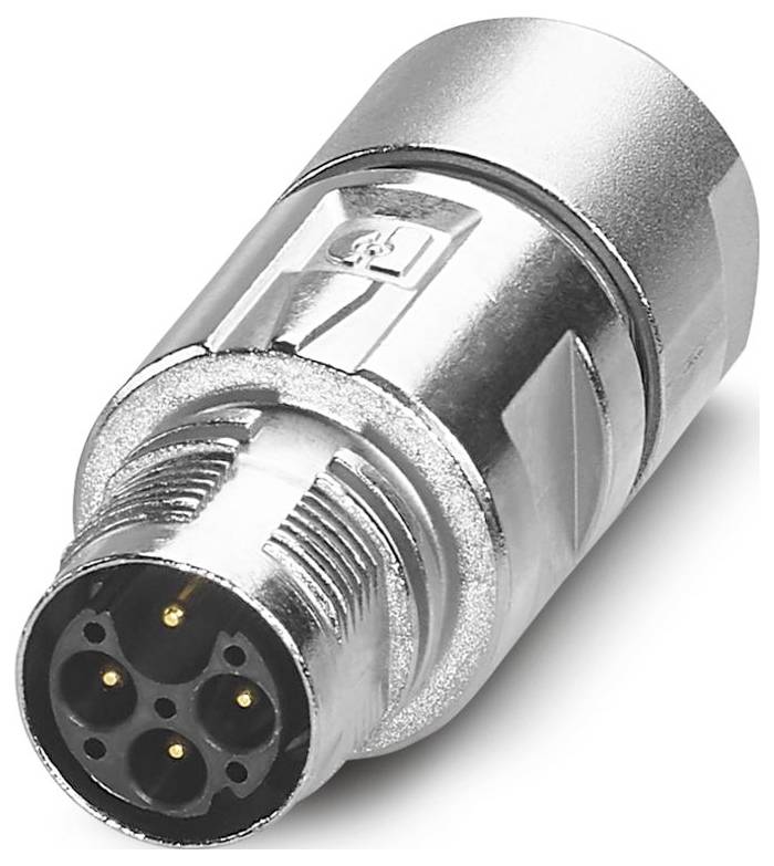 XLR male cable connector with a silver metallic casing and three pins protruding from a round opening at one end.
