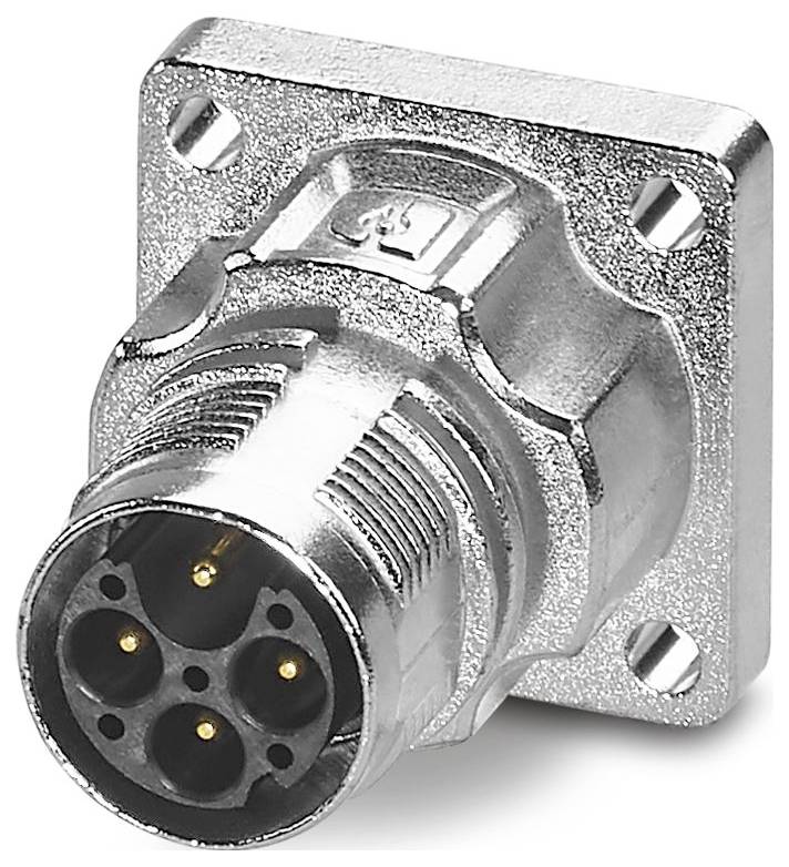 A metal circular electrical connector with a square flange and five round pin sockets, used for industrial equipment connections.