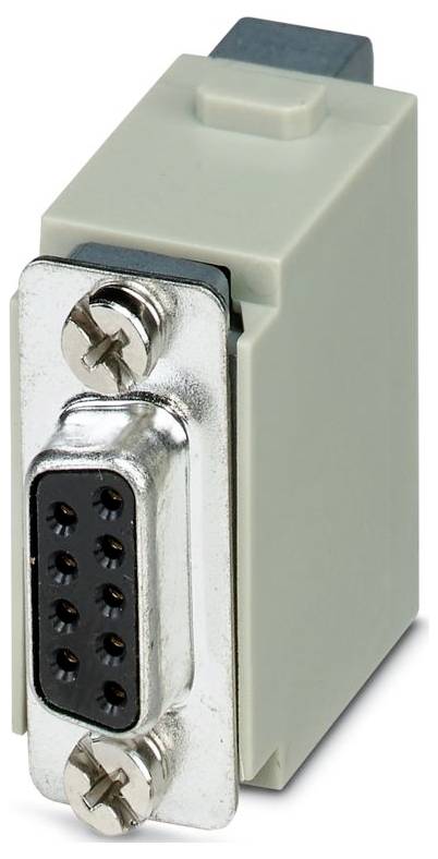 A close-up view of a 9-pin female D-sub connector, commonly used for serial ports, attached to a gray housing block.