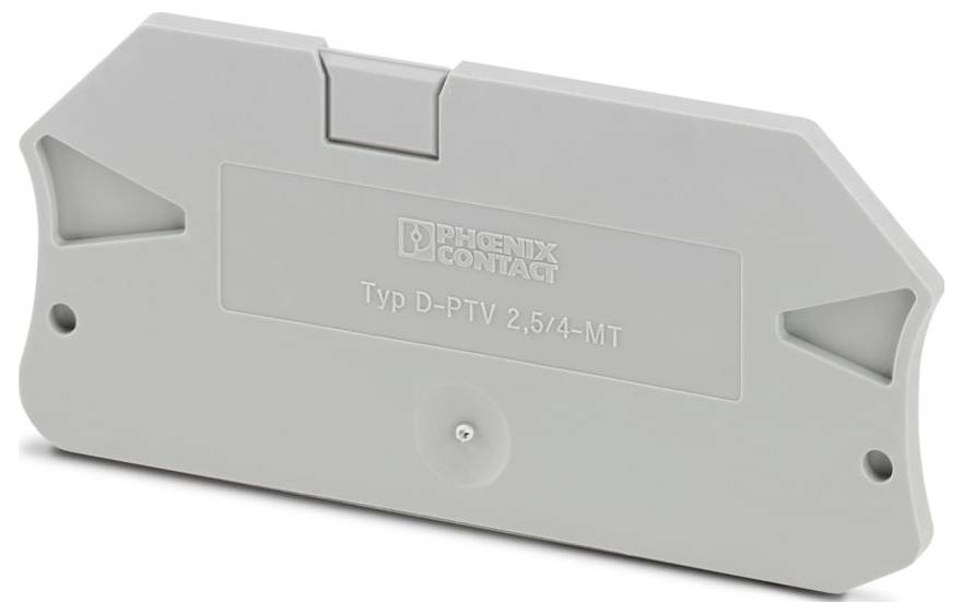 'Phoenix Contact' gray plastic cover labeled 'Typ D-PTV 2,5/4-MT' with two screw holes, used for electrical terminal blocks protection.