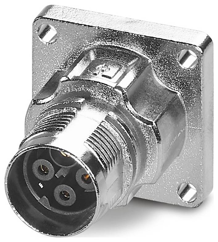 A metallic circular connector with three prongs and mounting plate, designed for secure electrical connections in industrial settings.