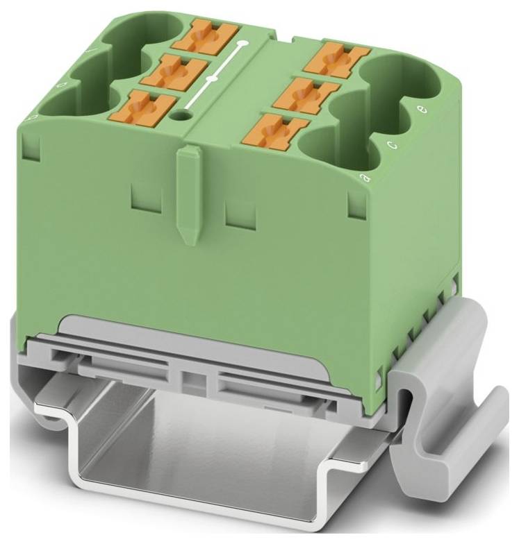 A green electrical connector with six orange levers, mounted on a grey DIN rail, indicating placement in industrial electrical systems.