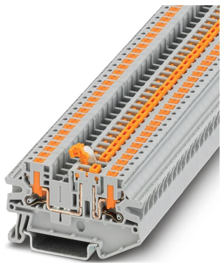 A gray and orange electrical terminal block with multiple connection points, used for organizing and securing wiring in control panels.