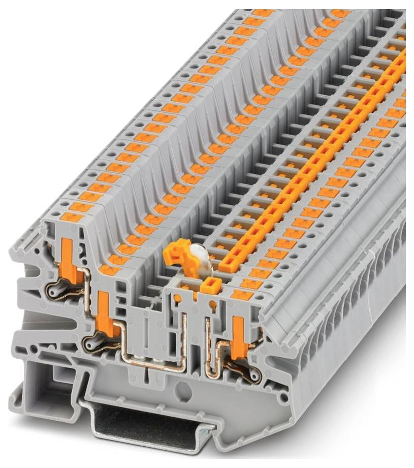 A close-up view of a gray and orange modular terminal block, showing multiple connection points and internal wiring channels.