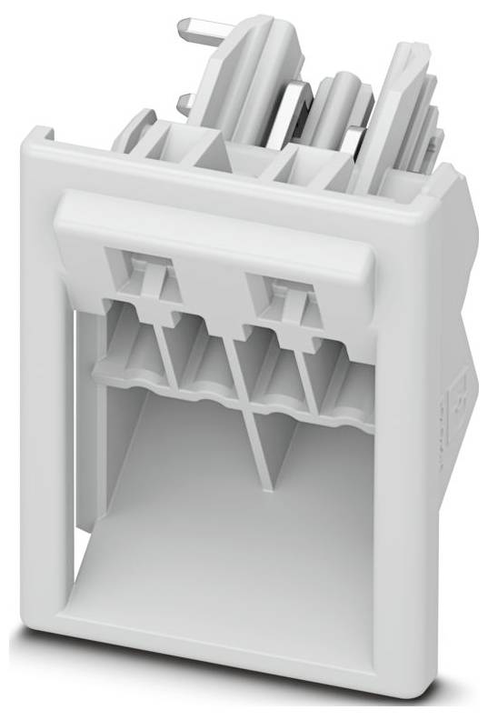 A white plastic mounting bracket with multiple slots and connectors, likely used for securing electronic components or devices.