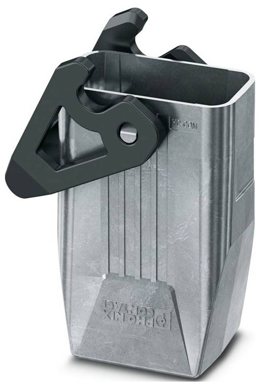 A gray metal object with a triangular black bracket attached to the top corner, used for industrial or construction purposes.