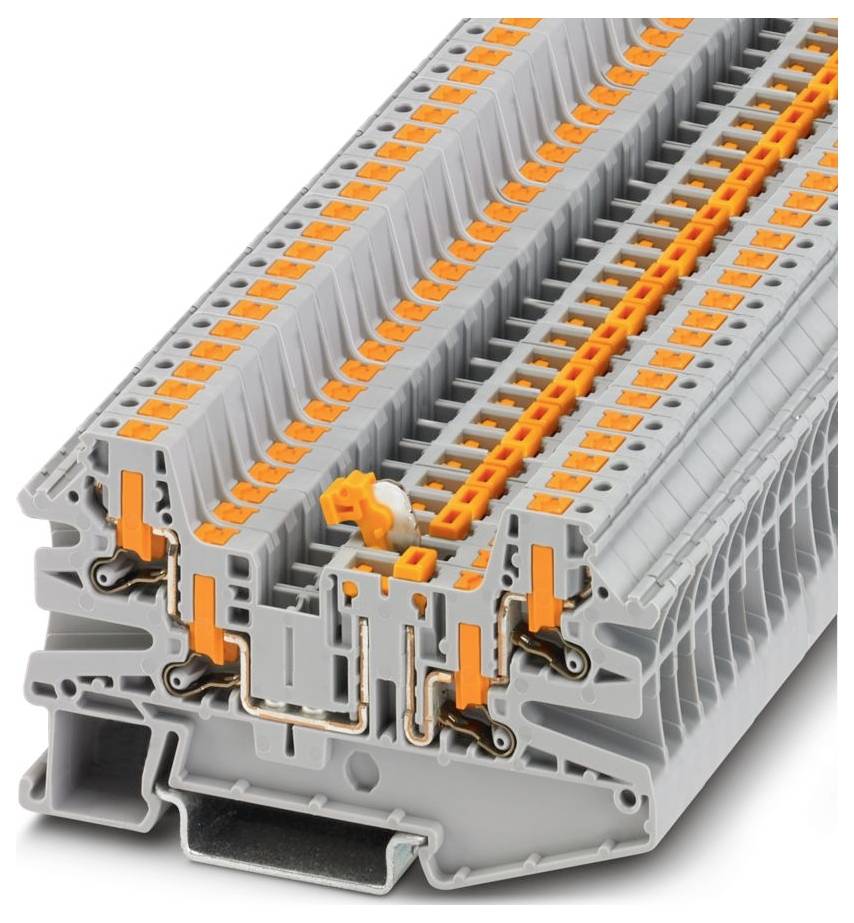 A close-up of a gray and orange industrial terminal block used for electrical connections, showing detailed slots and connectors.