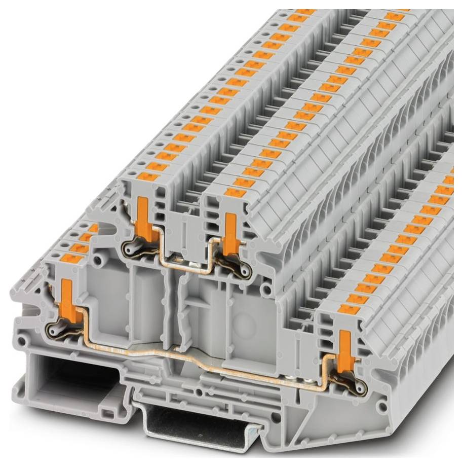 Three-tier junction terminal block with multiple connection points and orange markings, used in electrical installations for secure wiring.